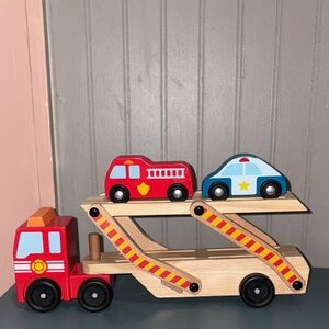 Melissa & Doug Wooden Car Transporter with Red and Blue Vehicles